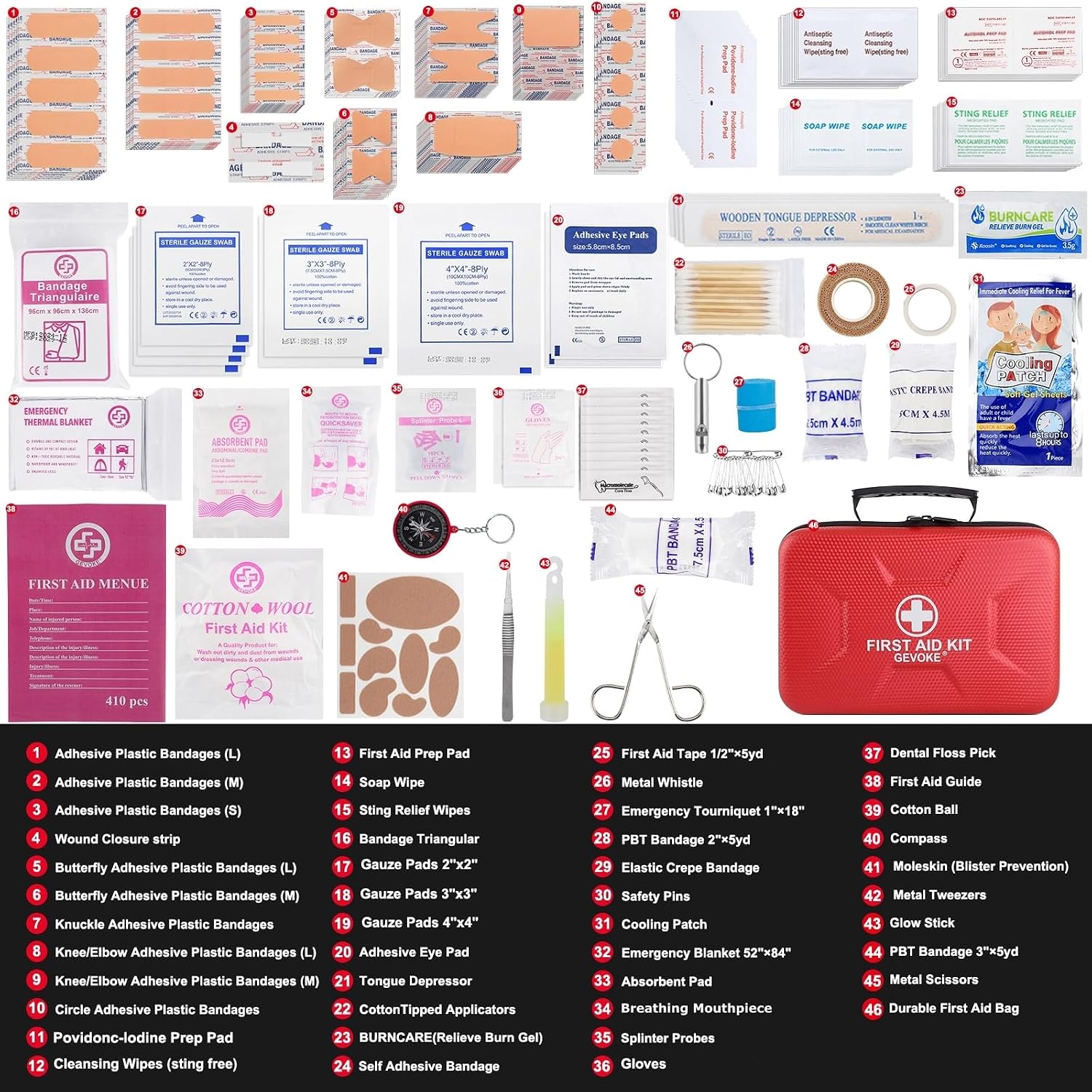 Detalle de Gevoke 410-Piece Waterproof Hard Shell First Aid Kit, Red, 5 Compartments