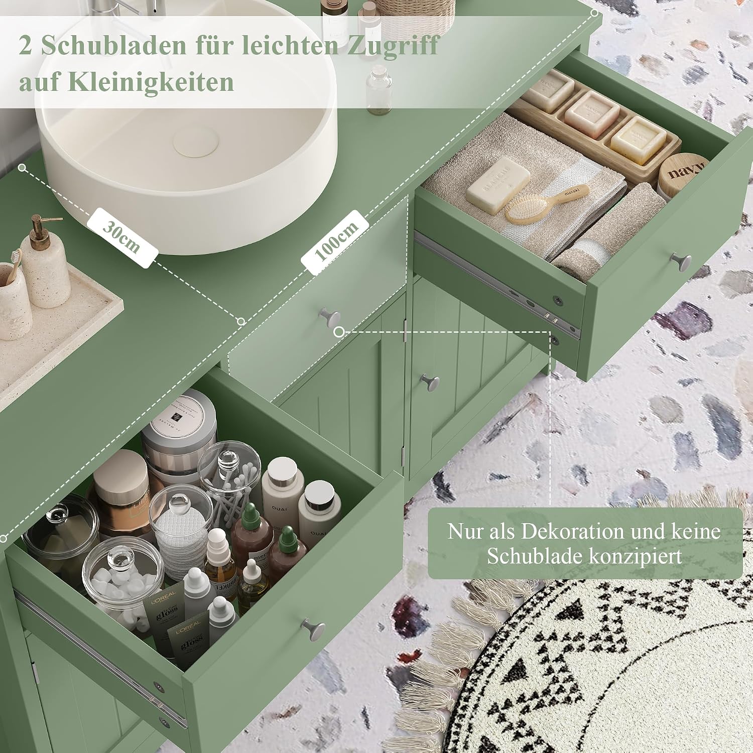 Detalle 1 de FOREHILL P277 szafka pod umywalkę 100 cm, 3 drzwi i 2 szuflady, zielona