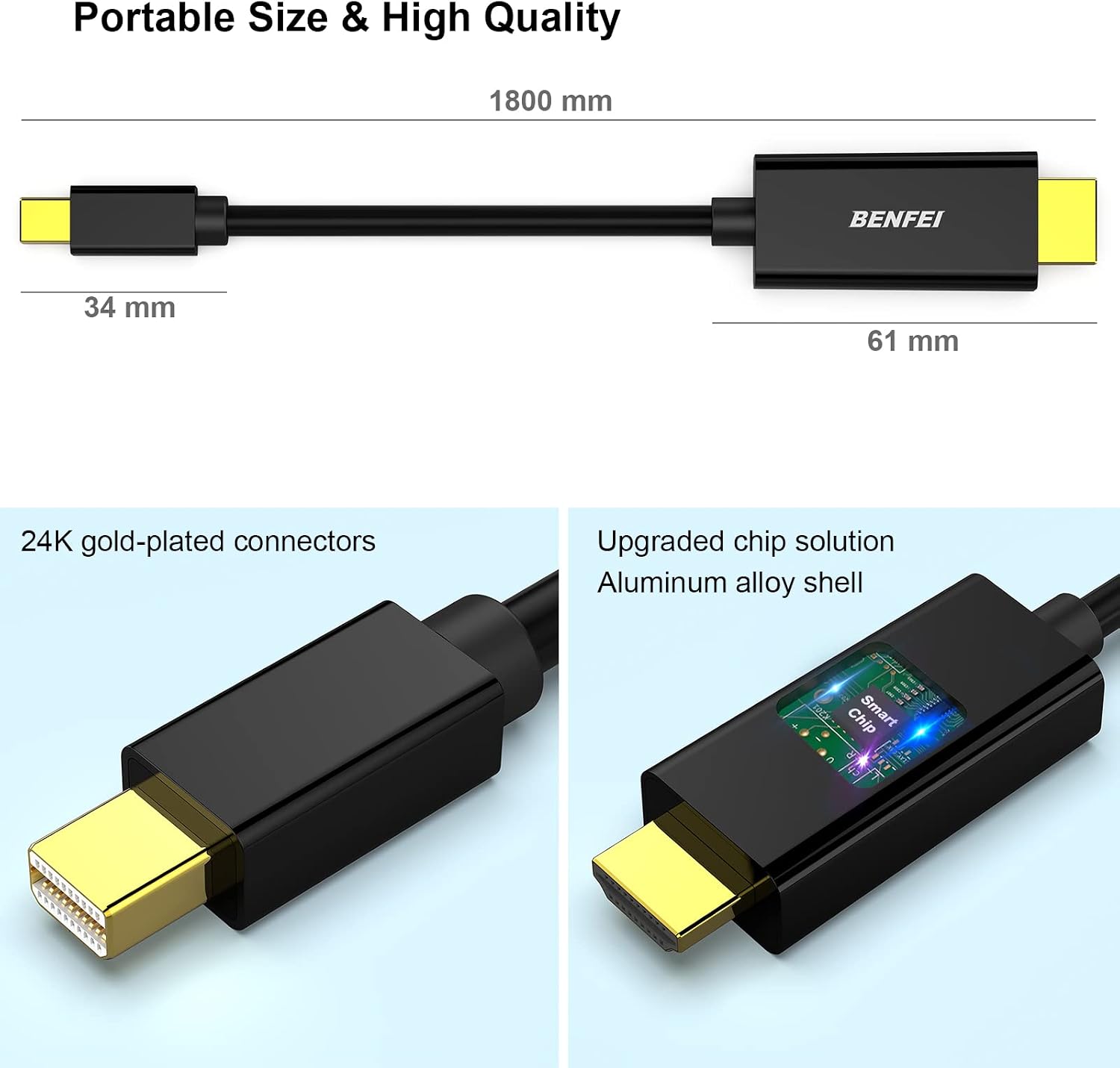 Detalle de BENFEI Mini DisplayPort vers HDMI (1,8 m) compatible Thunderbolt – câble pour MacBook, Surface et écrans