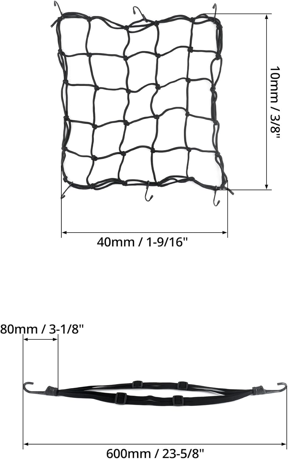 Thumbnail 5 de QWORK 2X Motorcycle Cargo Net and 2X Elastic Rope with Hook – 40x40 cm Bungee Net, 60 cm Straps