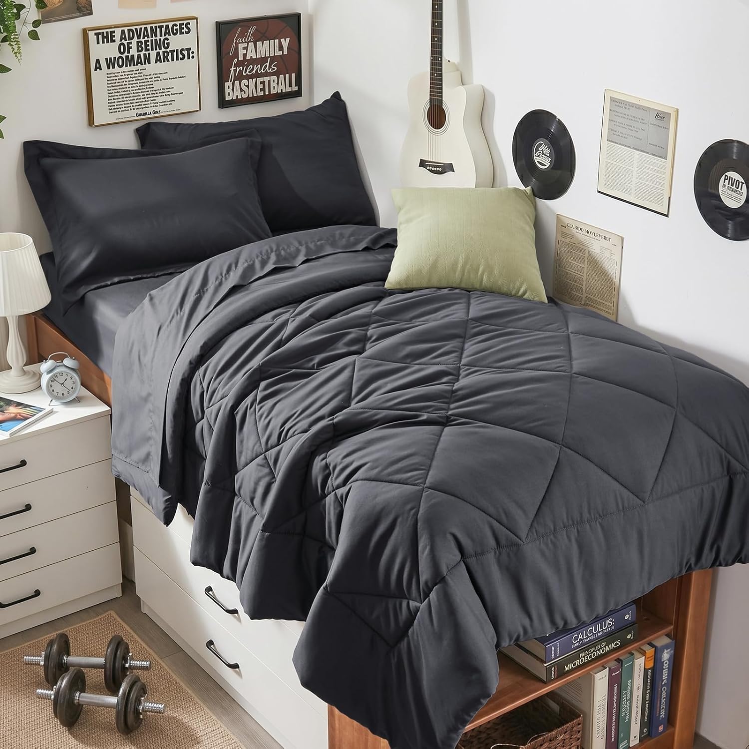 Detalle de HEVUMYI Twin Comforter Set - 5-Piece All Season Bed in a Bag (Twin, Dark Grey)
