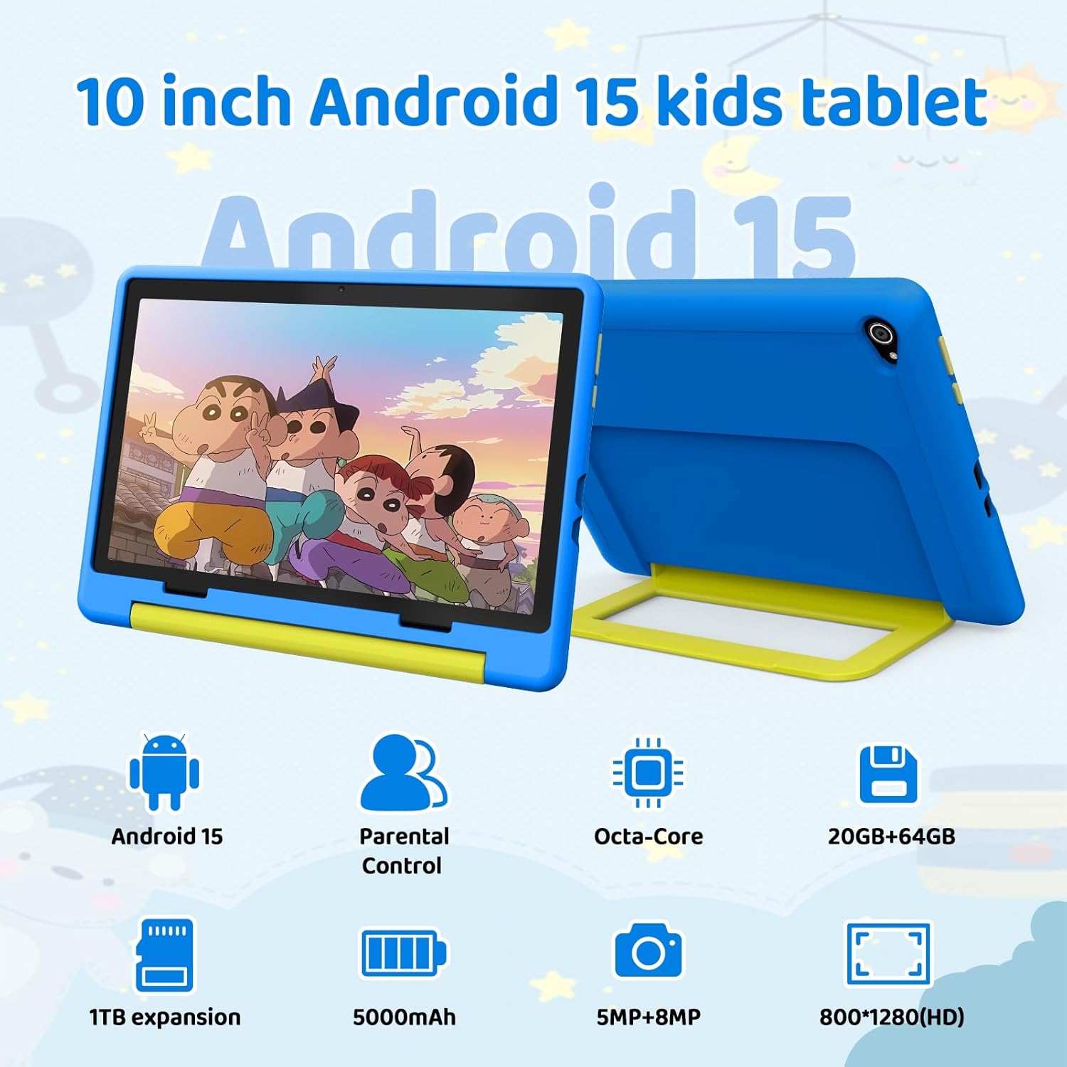 Thumbnail 1 de Tablet Bambini 10" Android 15 Octa-Core, 20 GB RAM, 64 GB ROM (+ 1TB microSD) – Parental Control, Wi‑Fi 6, Custodia Protettiva e Adesivi DIY Blu