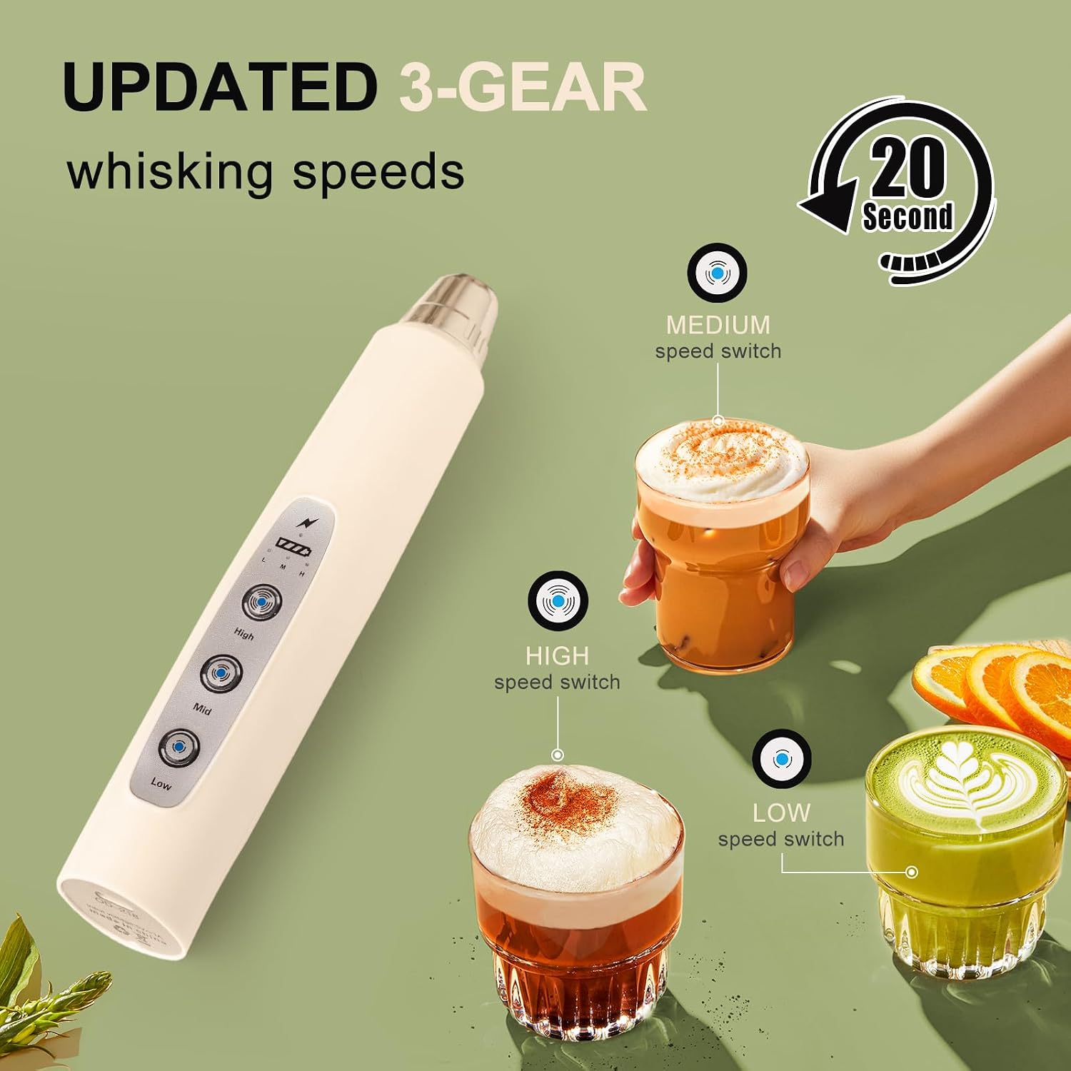 Thumbnail 2 de YUSWKO Handheld Milk Frother Wand with 3 Attachments and USB Charging