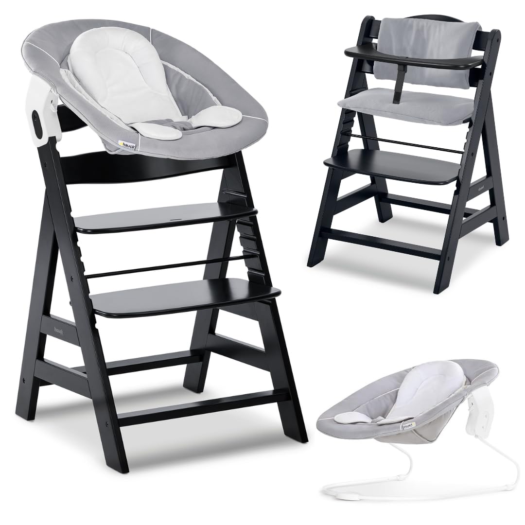 hauck Alpha+ Hochstuhl Newborn Set 4in1 mit 2in1 Bouncer – Schwarz, FSC-Buchenholz, bis 90 kg