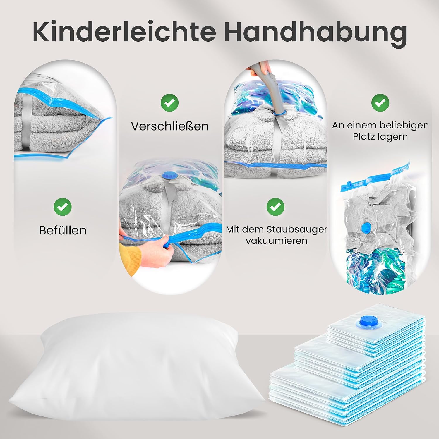 Detalle de Vakuumbeutel Kleidung 12er-Set in 3 Größen – wiederverwendbare Vakuum-Aufbewahrungsbeutel mit Staubsauger
