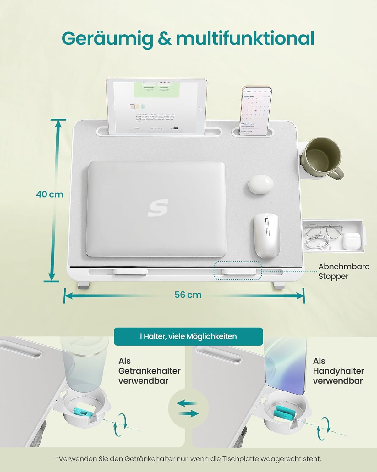 Thumbnail 4 de SONGMICS Laptoptisch LLD113GZ01 – Bett- und Laptoptisch, 56×40 cm, 120° verstellbar, höhenverstellbar, Getränkehalter, Schublade, grau