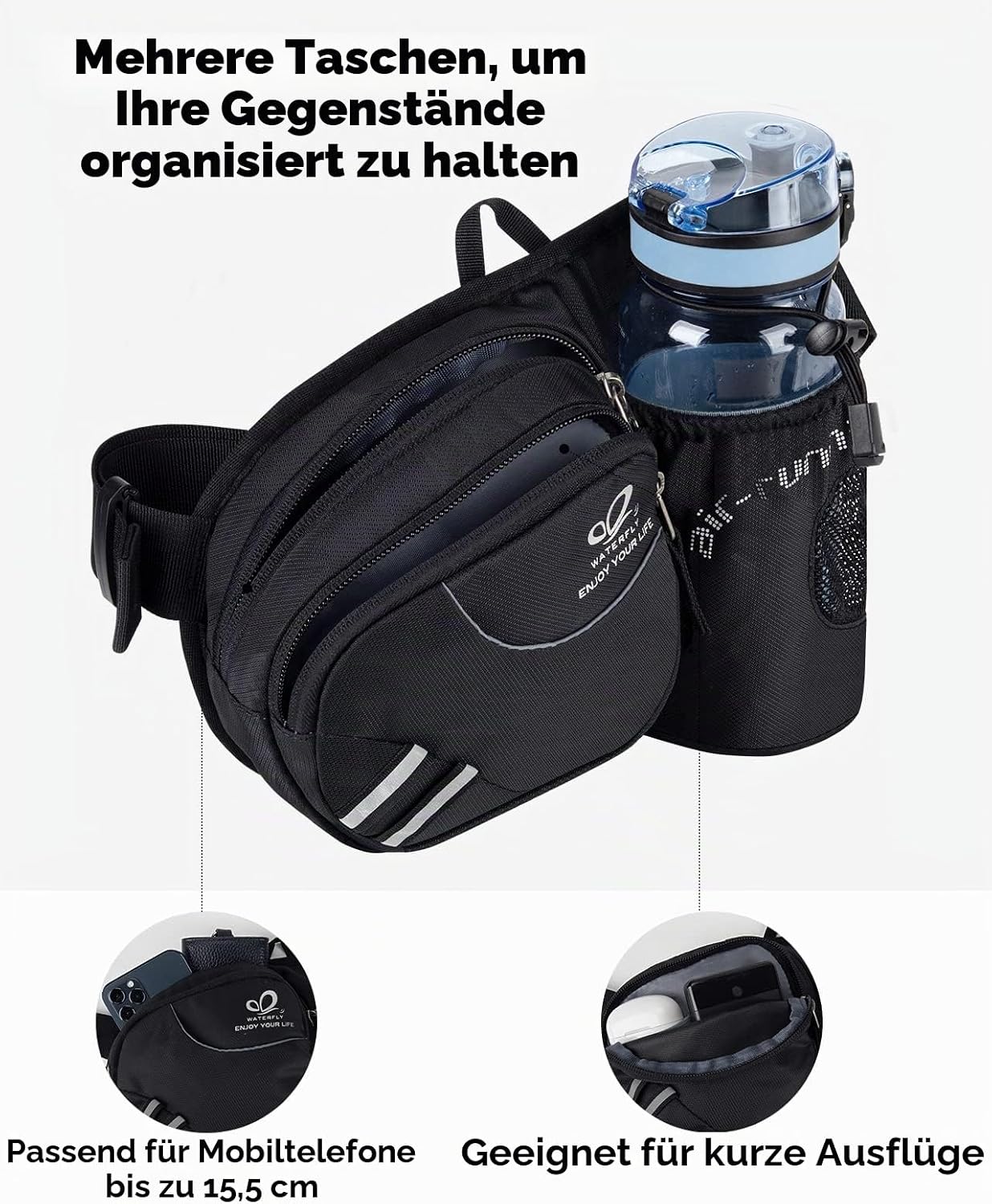 Detalle de Waterfly Gürteltasche Bauchtasche mit Flaschenhalter (atmungsaktiv, wasserdicht) für Damen und Herren