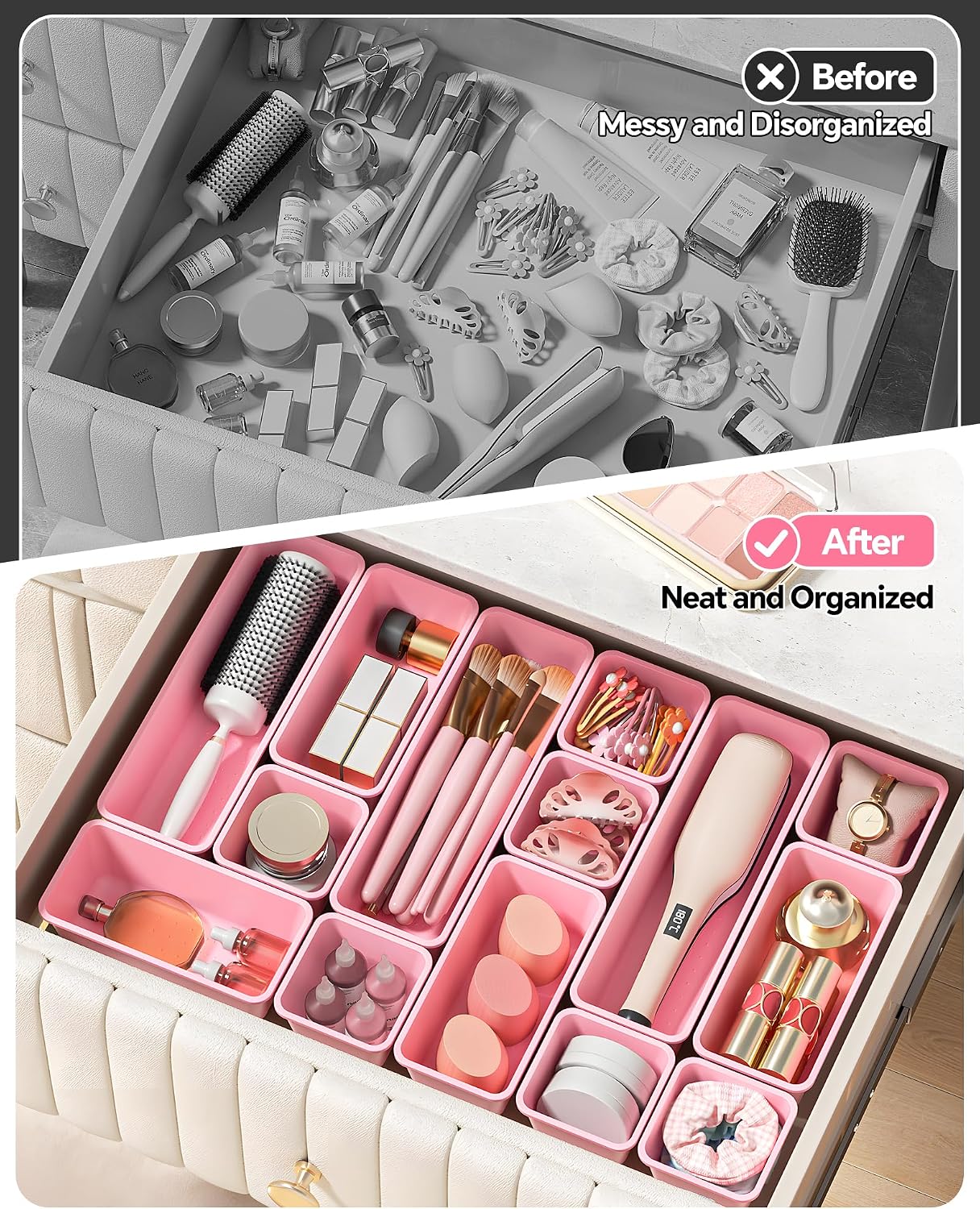 Detalle de Canfanni PINK 13-Piece Plastic Drawer Organizer Set, 3 Sizes, Pink