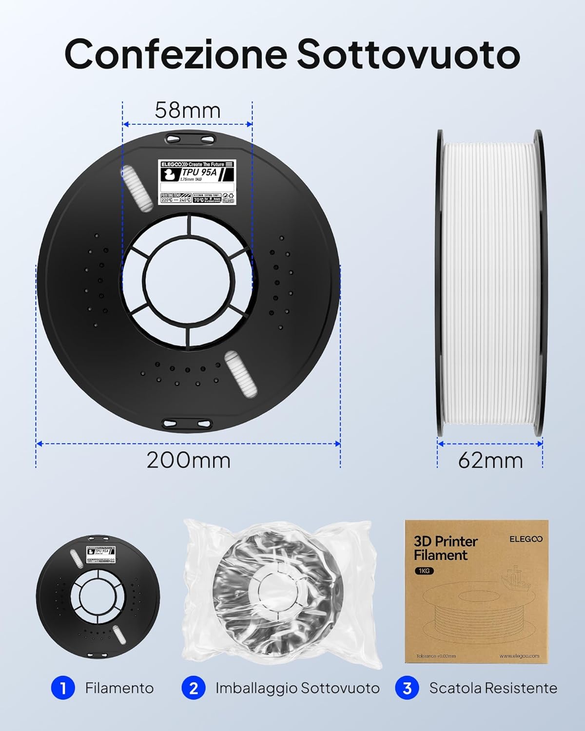 Thumbnail 4 de ELEGOO TPU 95A filamento 1,75 mm 1 kg per stampanti 3D 🖨️