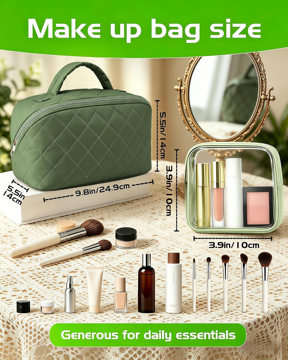 Thumbnail 1 de Travel Makeup Bag for Women: Large Flat Lay Case with Compartments, Clear Brushes Pocket and Wet Pocket (Green)