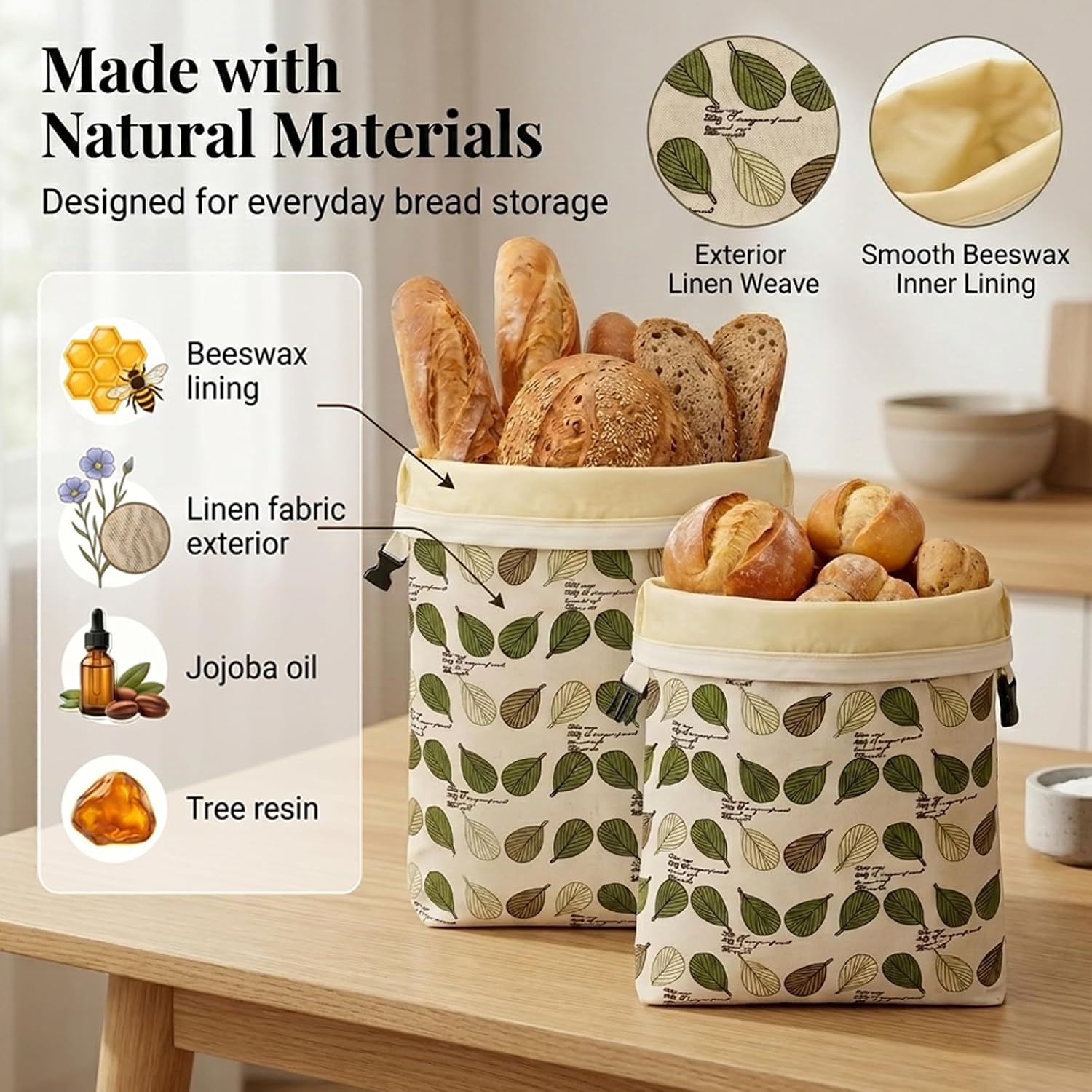 Thumbnail 1 de Fruzmzk Beeswax Bread Bag for Home Bakers (2 Pack) 17"×13" with Natural Beeswax Lining