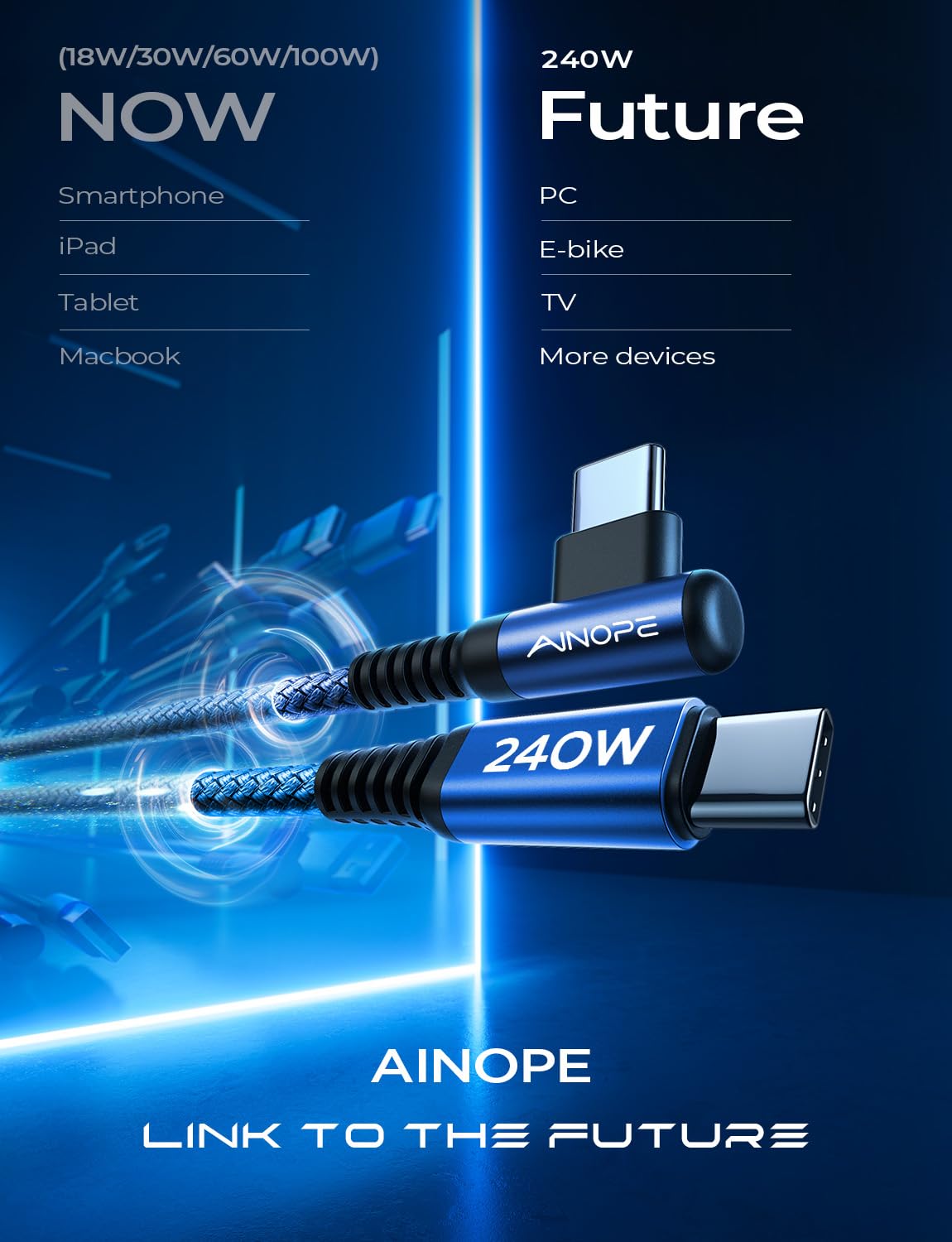 Thumbnail 6 de AINOPE 240W USB-C Cable, 10 ft Right-Angle Nylon-Braided