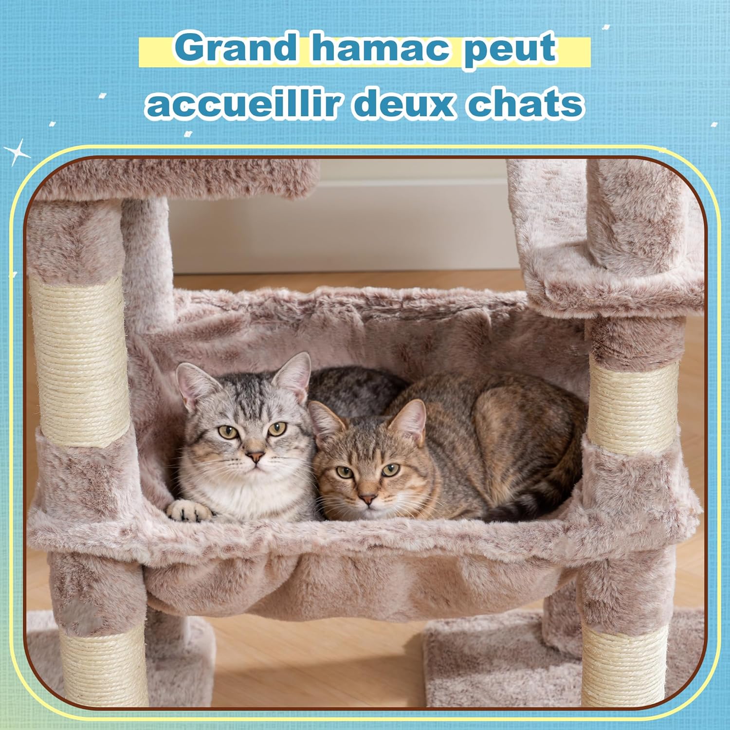 Detalle 1 de Hey-brother Arbre à Chat avec grande plateforme, hamac et 2 niches (beige-marron) MPJ071MU