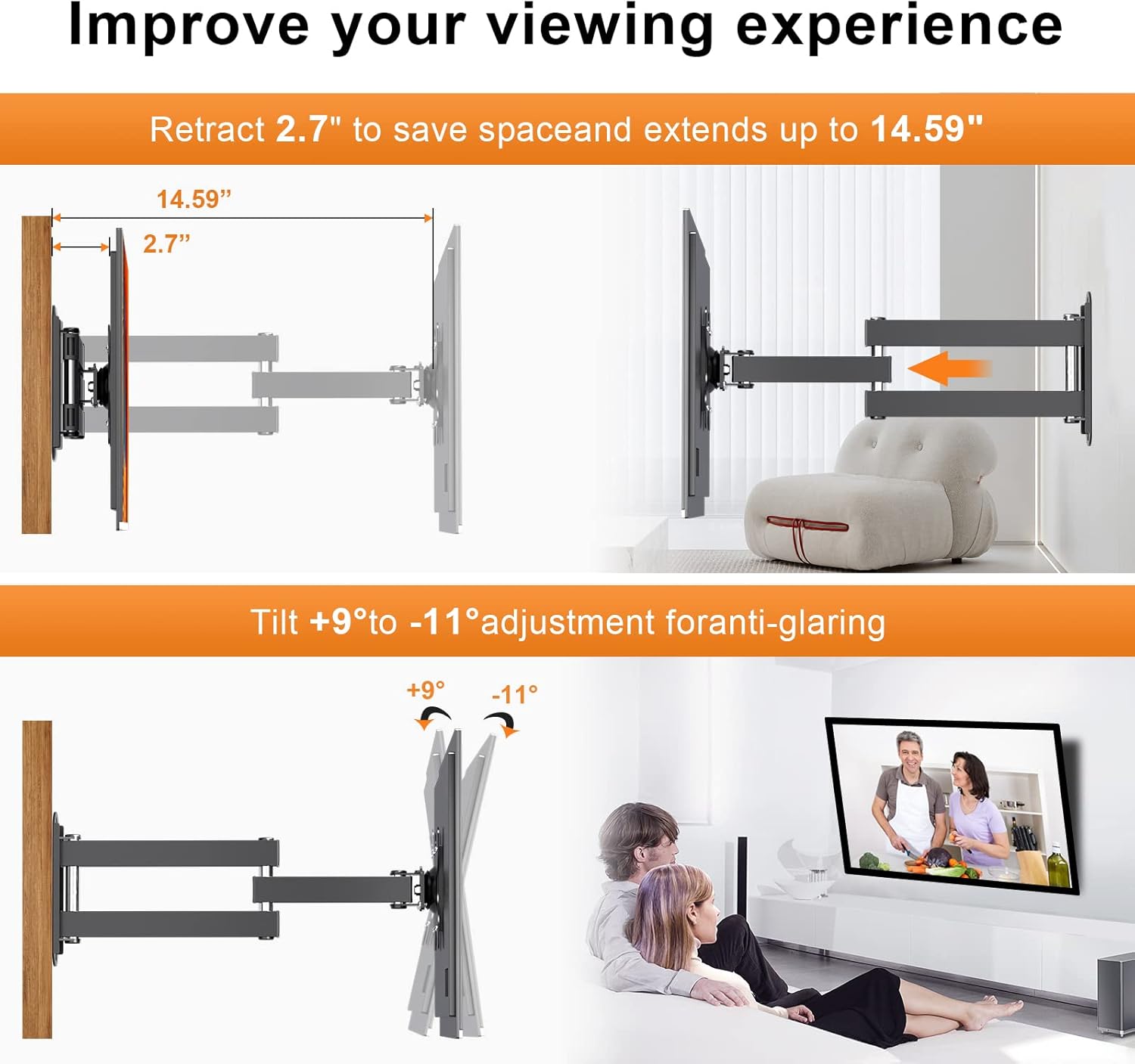 Thumbnail 3 de XINLEI TV-Wandhalterung MA1330 für 13–32 Zoll Monitore – 180° Schwenk, 360° Drehung, 14,25 Zoll Auszug