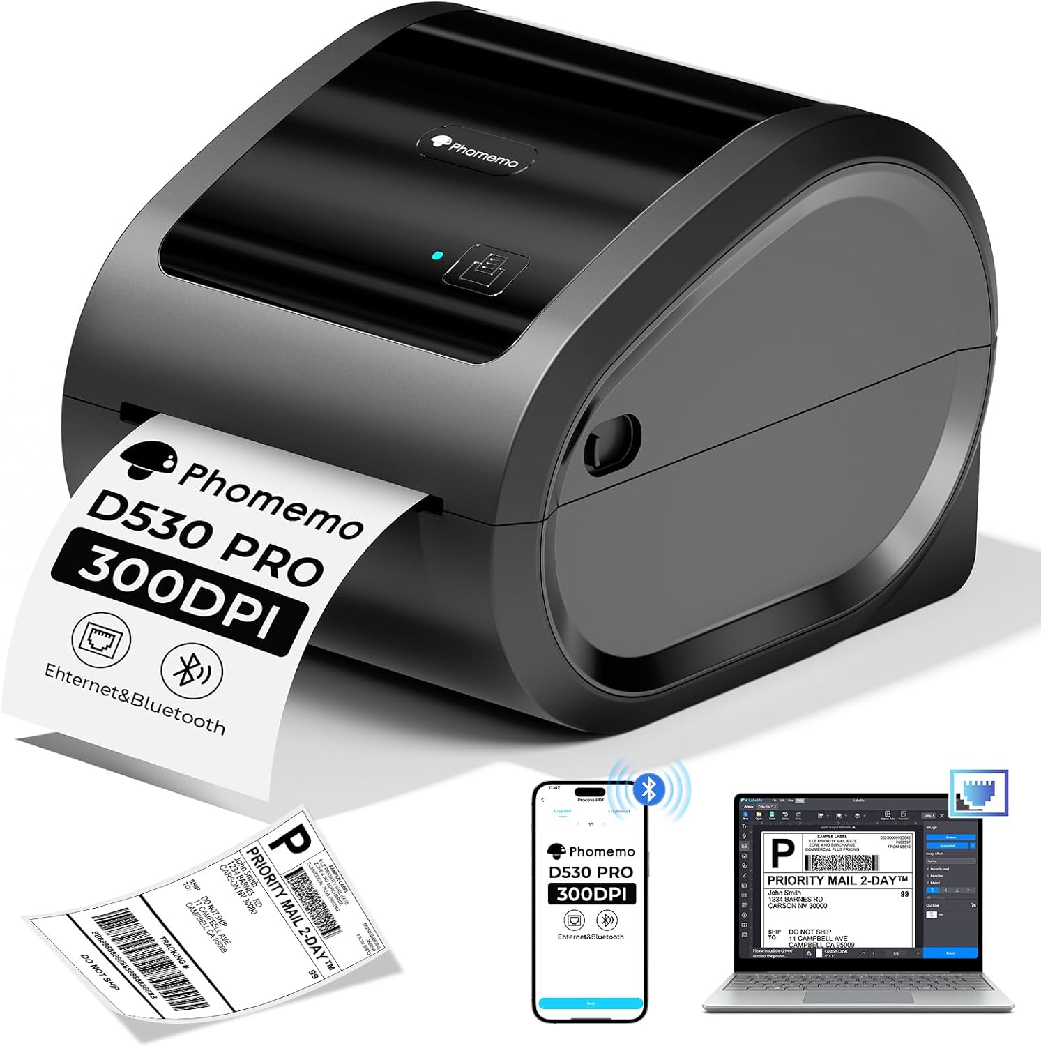 Detalle de Phomemo Ethernet Shipping Label Printer D530pro: A pragmatic, connected solution for business label tasks