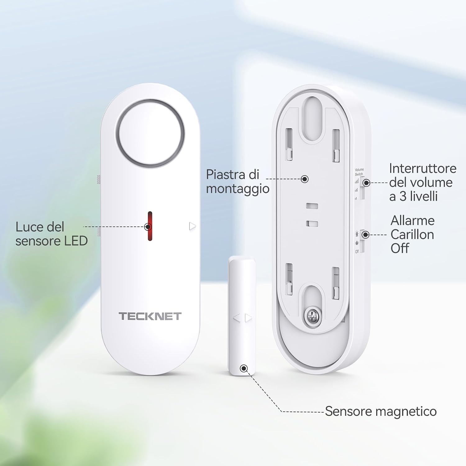 Detalle 2 de TECKNET Allarme Casa Senza Fili 2-in-1: Allarme Porte e Finestre con 3 livelli di volume (9 pezzi)