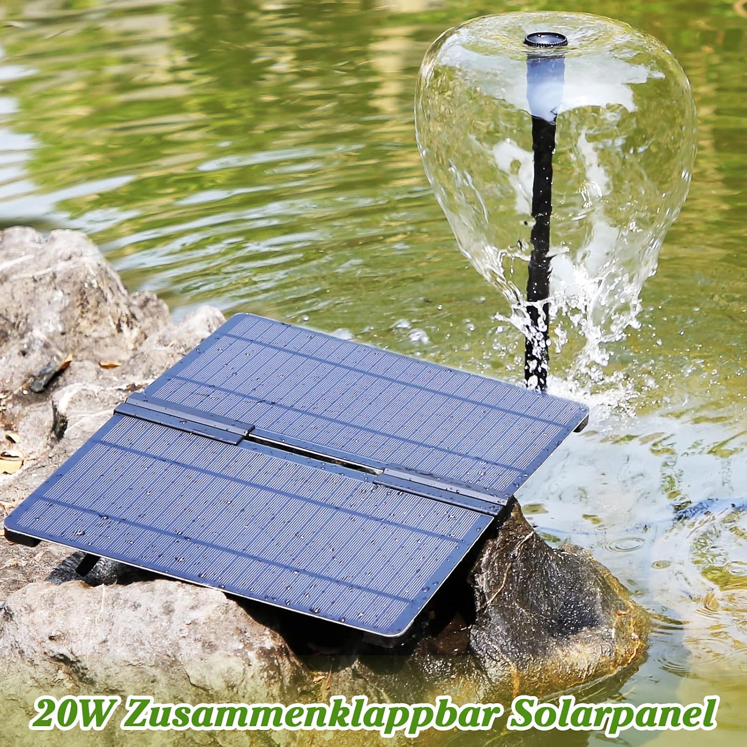 Detalle de AMZtime Solar Springbrunnen für Außen – 20W Solarpumpe mit verstellbarem Ständer und 6 Fontänenstilen
