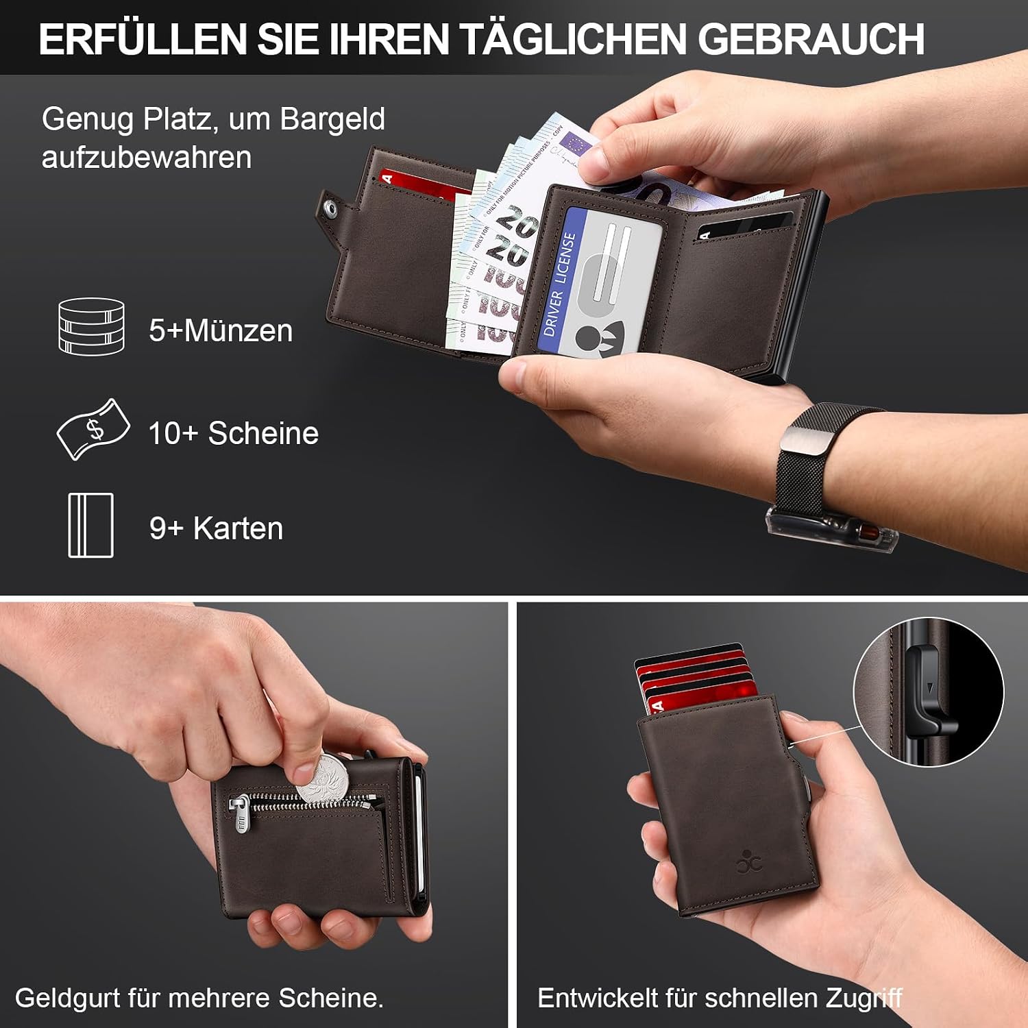 Detalle de SEMORID Geldbörse Herren – Slim Wallet mit Pop-up Kartenfach, RFID-Schutz und Münzfach