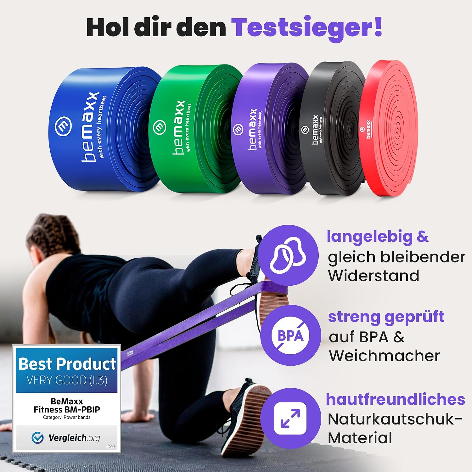 Detalle de Fitnessband Pull Up Resistance Band (Klimmzughilfe) mit Trainings-eBook – unterstütztes Training für Klimmzüge & Ganzkörper