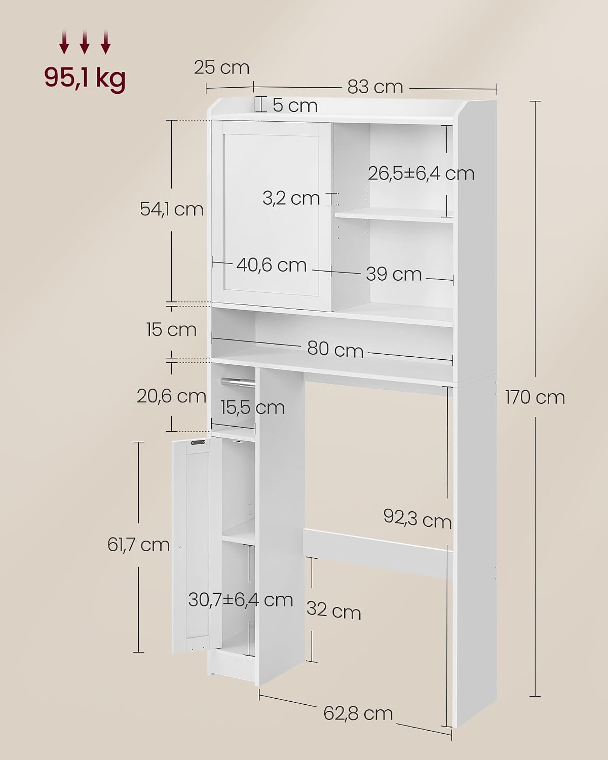 Thumbnail 2 de VASAGLE Siren Collection BTS018W01 Over-Toilet Shelf, 83 x 25 x 170 cm
