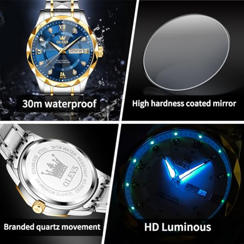 Detalle de OLEVS Men's Business Watch, Gold and Blue, Quartz, Stainless Steel Band