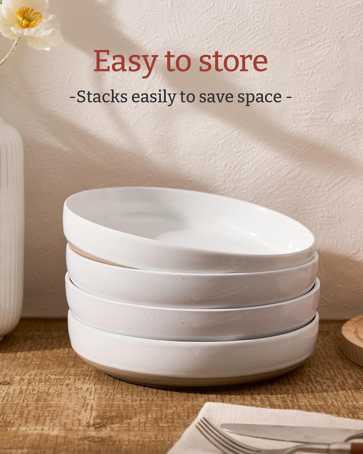 Detalle de famiware Milkyway 33 oz Bowl Set of 4 (8.25 in) White—Stoneware Pasta & Salad Bowls