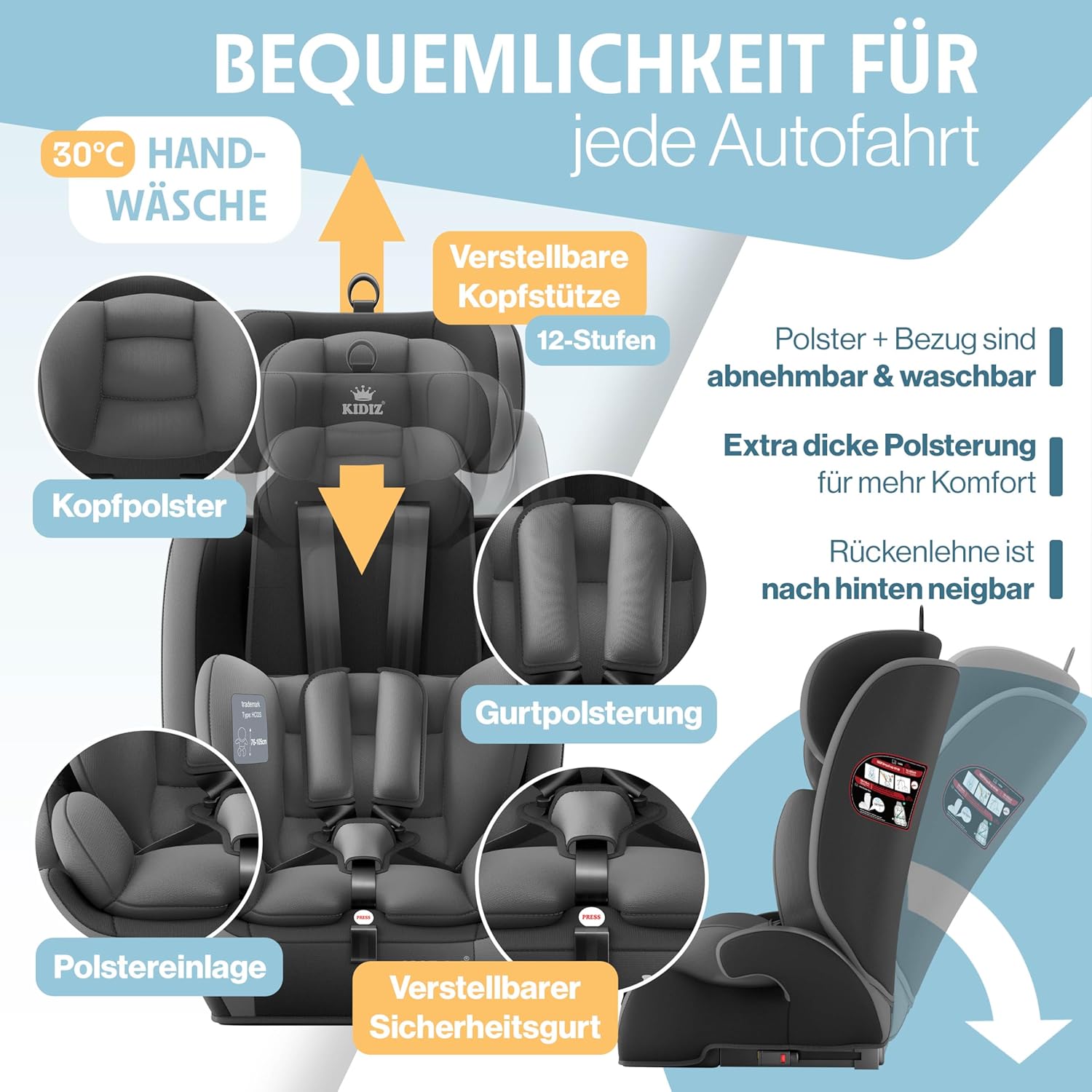 Thumbnail 5 de KIDIZ Autokindersitz mit Isofix i-Size R129 100–150 cm (bis 12 Jahre) – mitwachsender Sitz, 5-Punkt-Gurt, Grau
