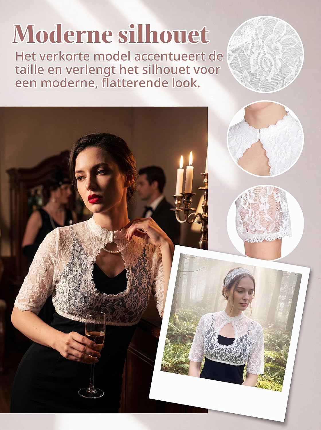 Thumbnail 3 de LEKMBBY 1416 dirndlblouse met witte bloemenkant, opstaande kraag en halve mouwen