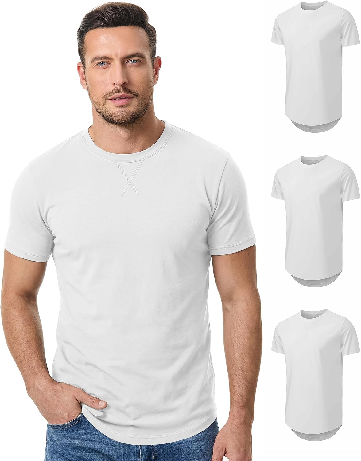 Detalle 2 de JMIERR Men's 3-Pack Cotton Hipster Longline Crewneck T-Shirts