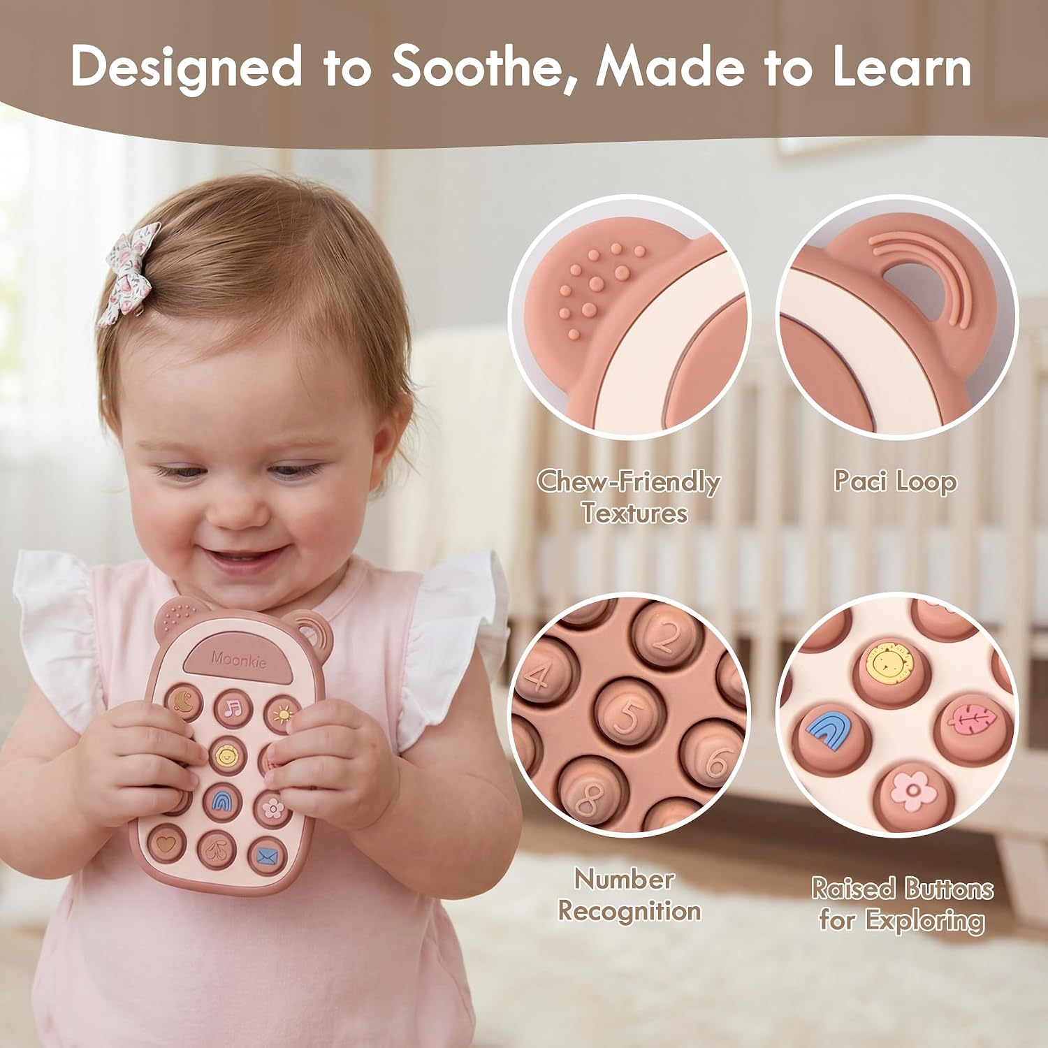 Detalle de Moonkie Silicone Phone Press Teether (Blush) — BPA-free teething toy for 3 months+