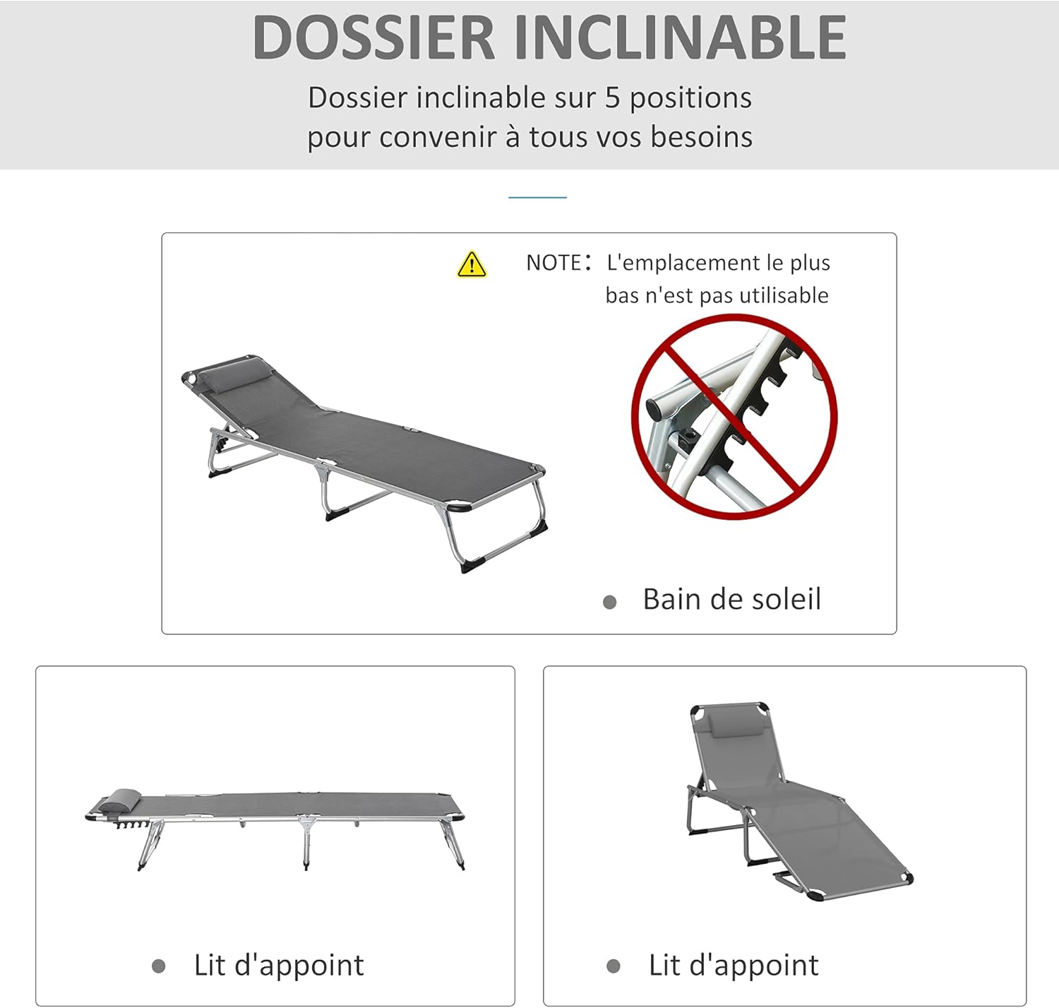 Thumbnail 3 de Outsunny Chaise longue pliable 165x60x76 cm