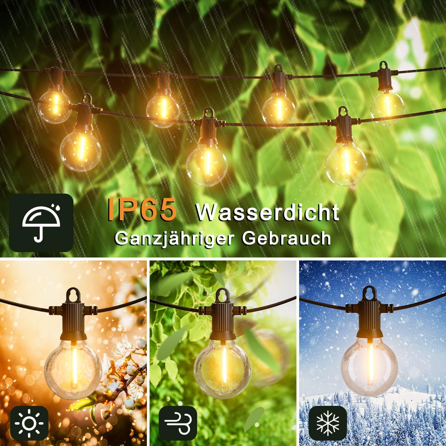 Detalle de Kawaya 15 m LED-Lichterkette außen (IP65) mit 25+2 bruchsicheren G40-Glühbirnen, warmweiß, dimmbar
