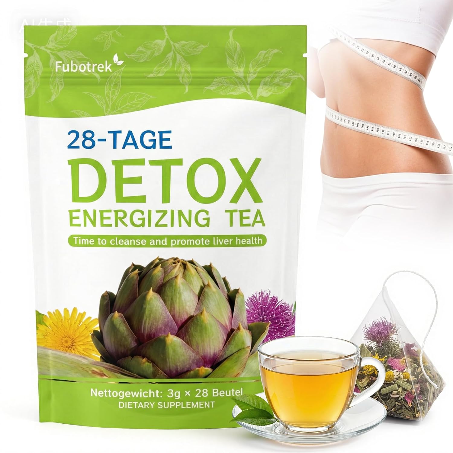 Detalle de Detox Tee zum Abnehmen & Bauchfett Verbrennen – 28-Tage-Stoffwechsel-Kur mit Mariendistel, Artischocke, Löwenzahn