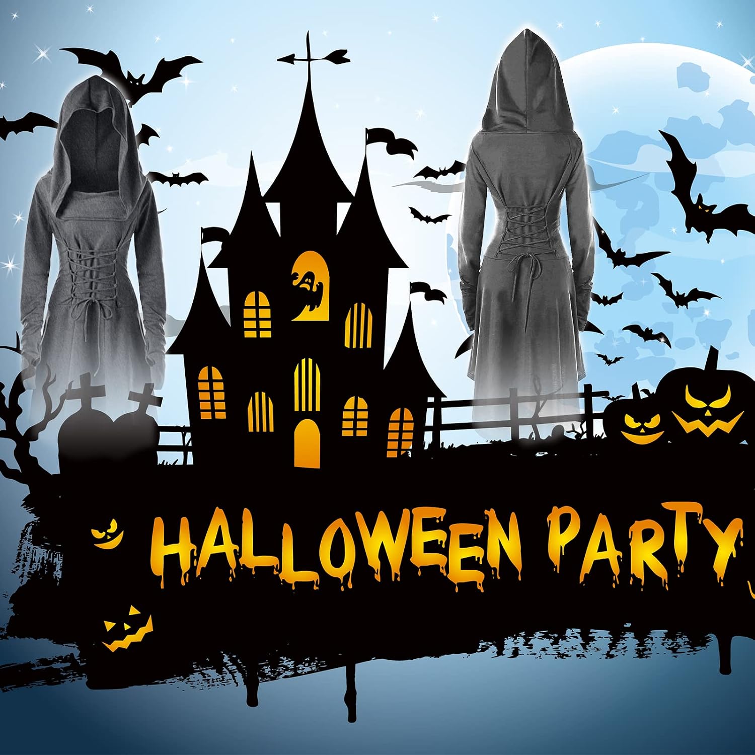 Detalle 1 de TSIRNK TSIRNK23213 gothic damesjurk met capuchon voor Halloween en carnaval