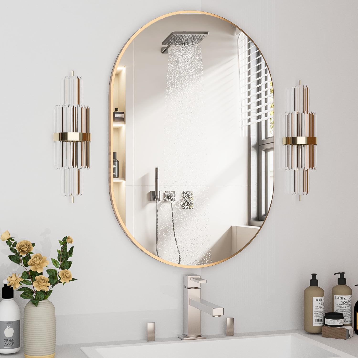 Detalle de NEUWEABY ovale badkamerspiegel 50 x 75 cm met goudkleurig aluminium frame