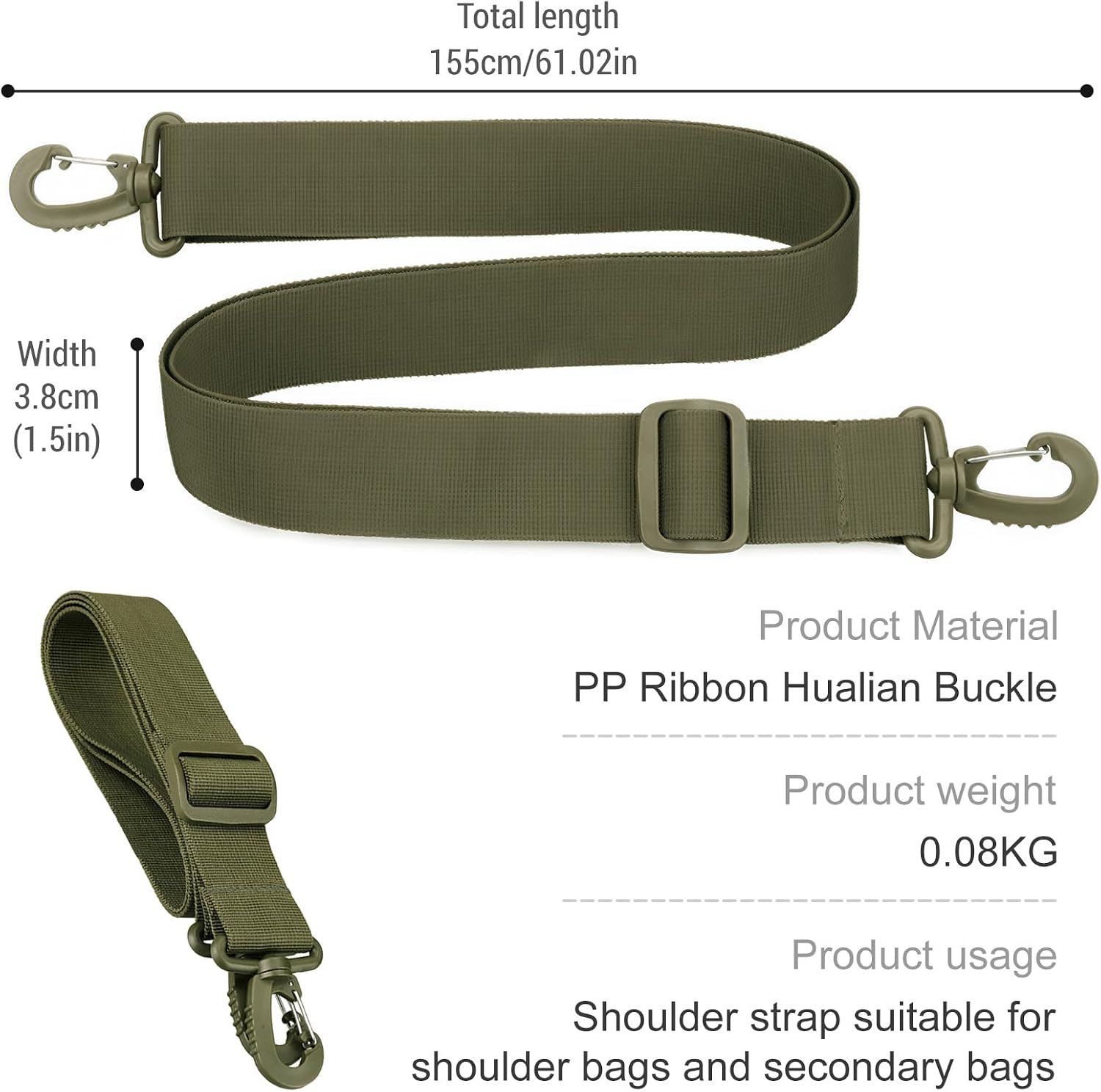 Thumbnail 1 de Schultergurt mit Karabiner – Verstellbarer Taschenriemen 155 cm, 3.8 cm Breite (Grün)