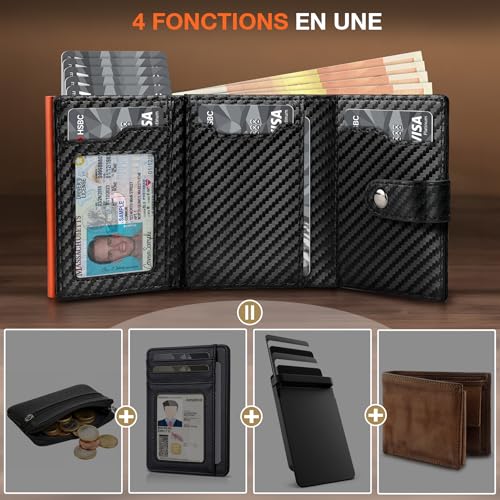 Detalle de TENBST Portefeuille Homme — Portefeuille RFID anti‑intrusion avec design pop‑up et porte‑monnaie séparé