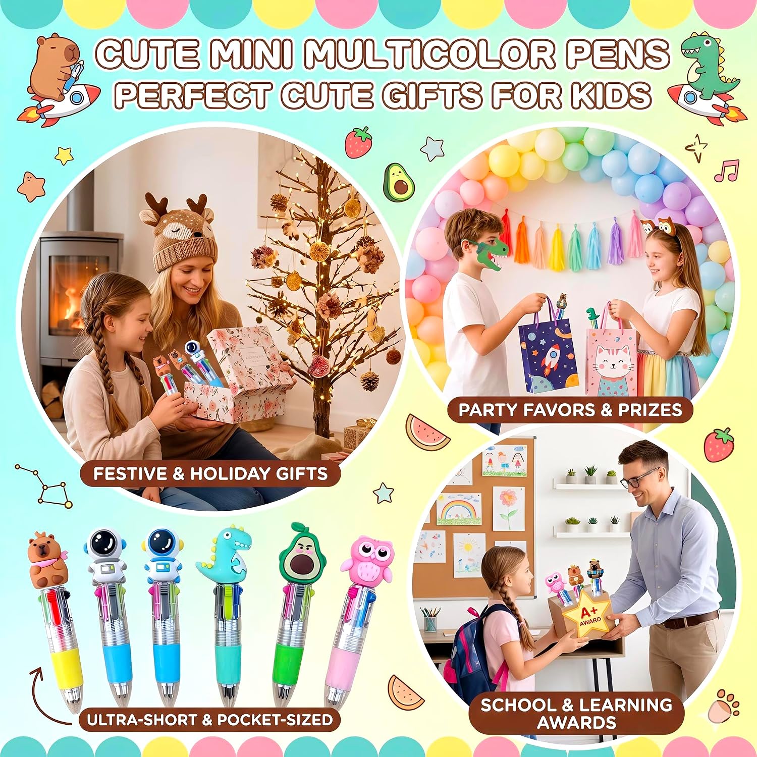 Thumbnail 4 de Kids Multi Coloured Pens 4 in 1, 24 Pcs – Mini Cartoon Ballpoint Pens