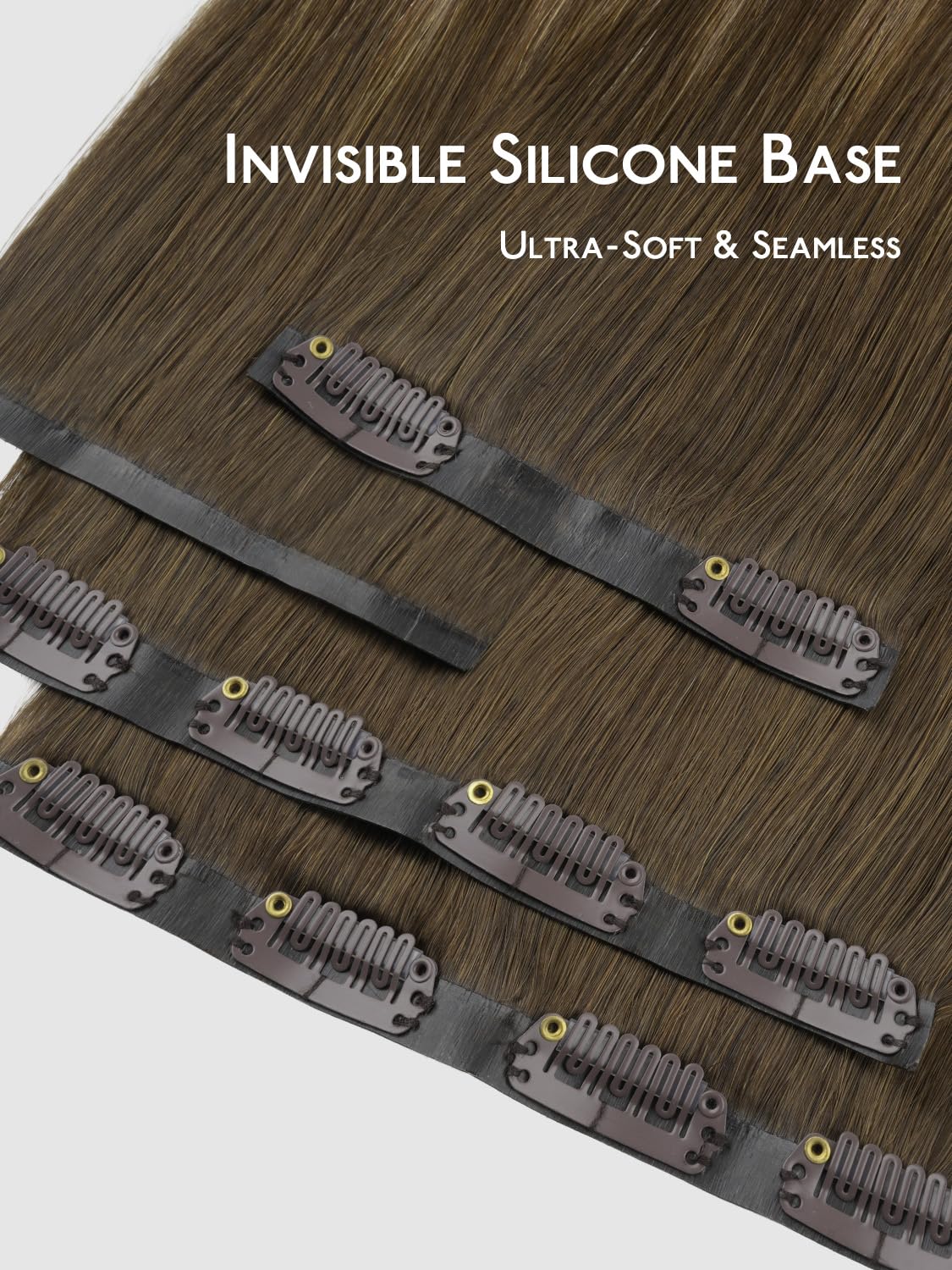 Detalle de WENNALIFE Real Human Hair Clip-In Extensions, 20 inches, Ombre Walnut Brown to Ash Brown & Bleach Blonde, Seamless PU Weft