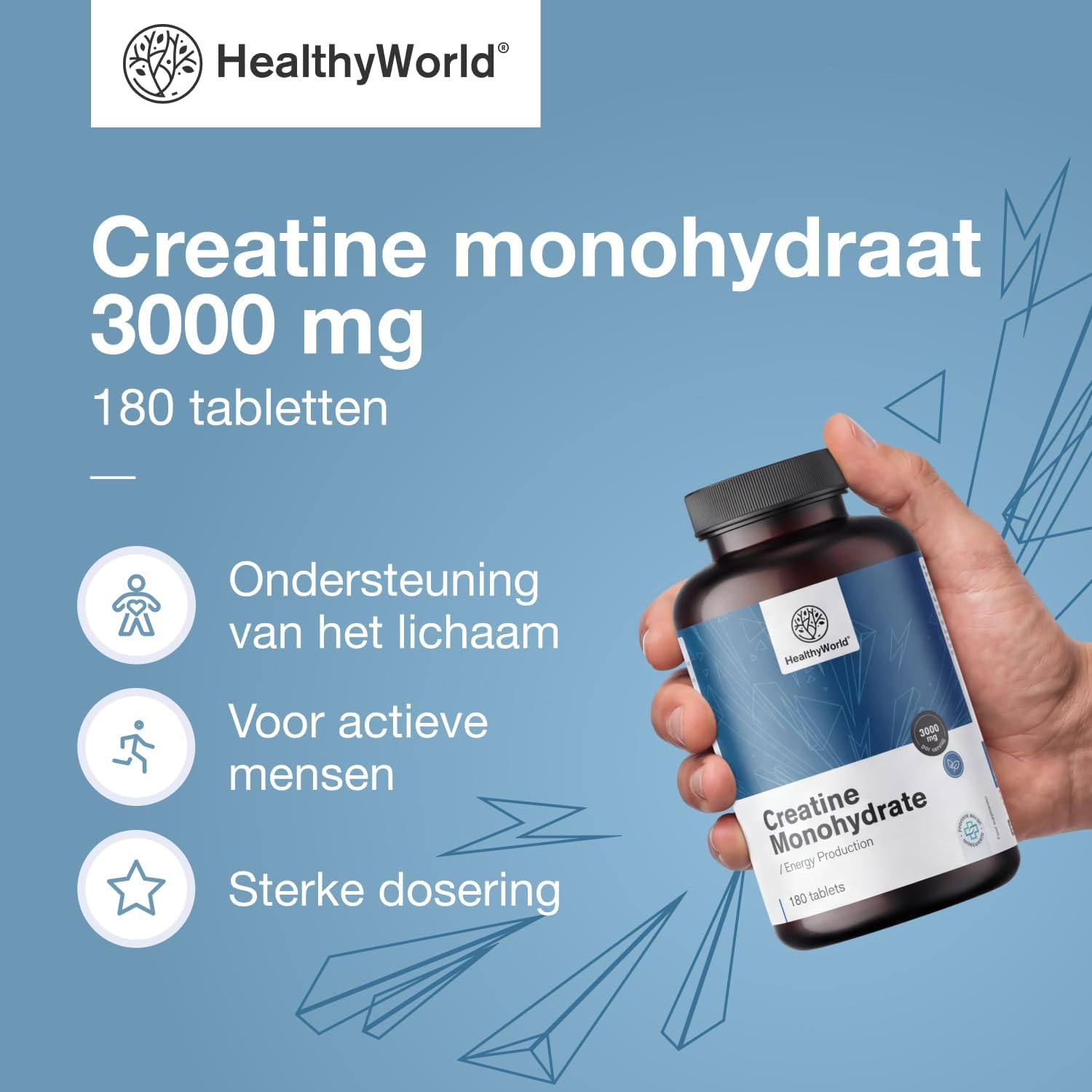 Detalle de HealthyWorld Creatinemonohydraat 3000 mg, 180 vegetarische tabletten