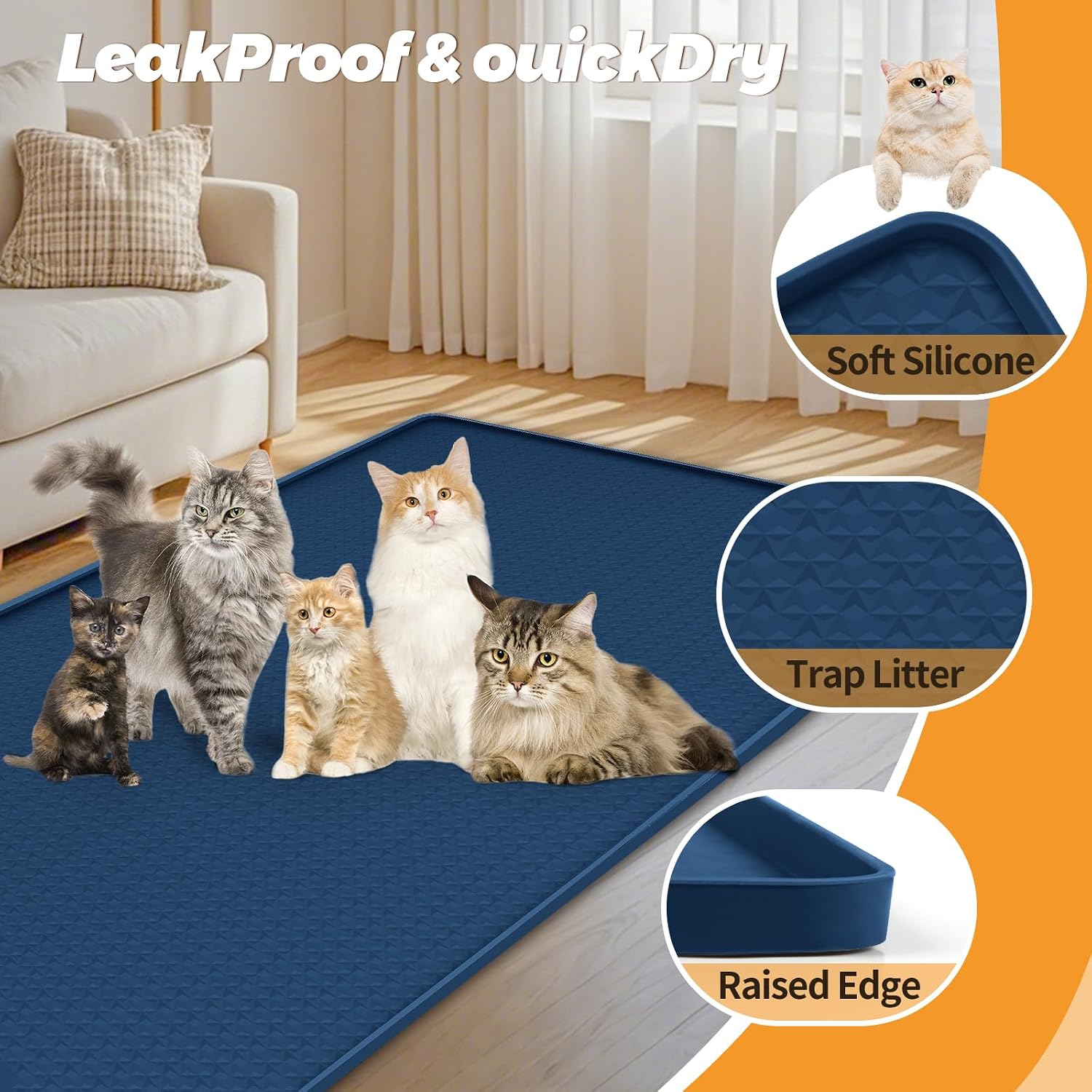 Detalle de Bartuke Cat Litter Mat XXL – Extra Large Silicone Mat with Edge, 51" x 26" (Navy Blue)