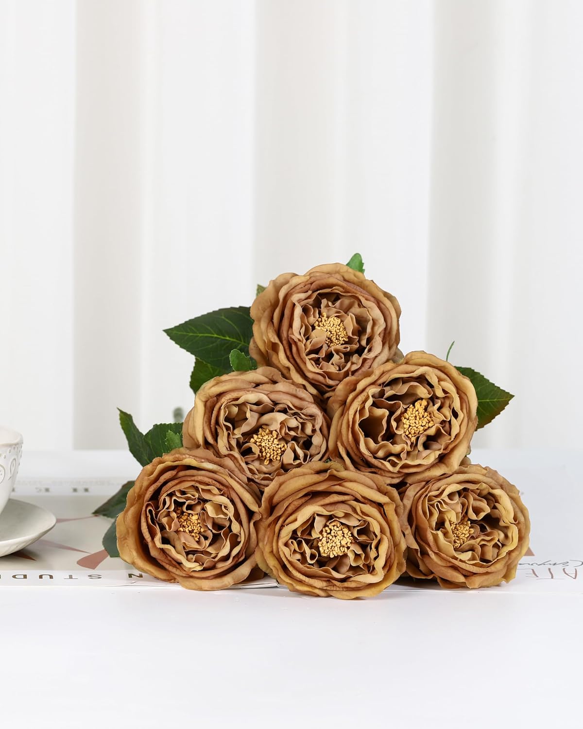Thumbnail 2 de DuHouse 5 pack Real Touch silk roses with stems (fake coffee roses) for wedding, party and home décor