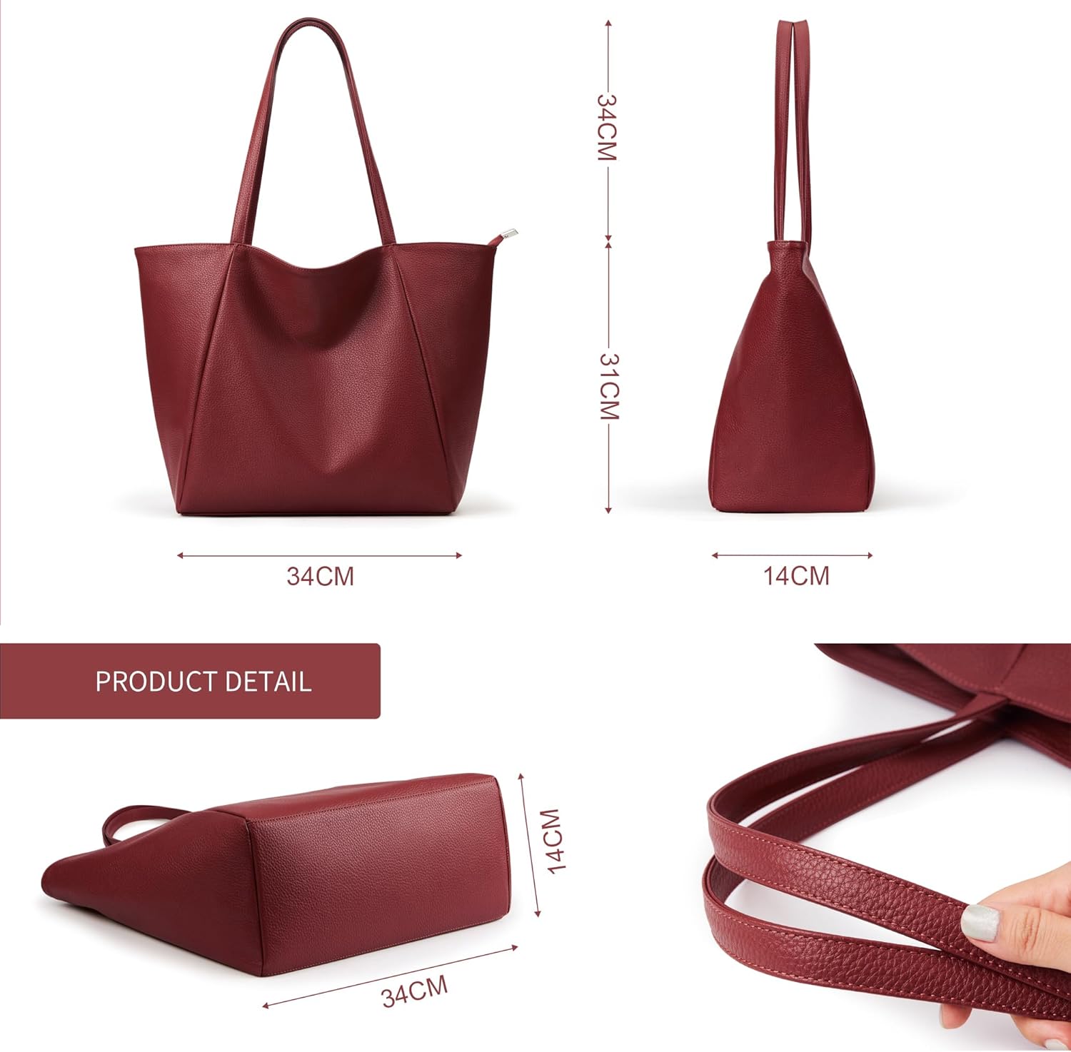 Detalle de KALIDI Handtasche Damen Shopper – Große Tote aus PU-Leder mit Reißverschluss