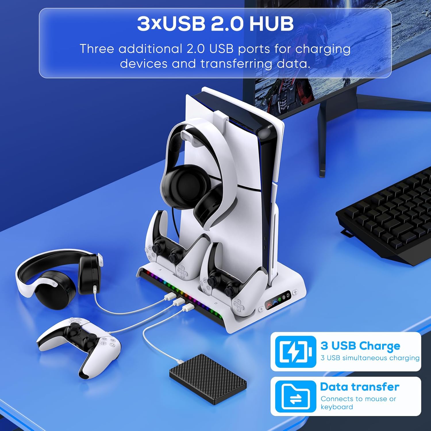 Thumbnail 5 de FASTSNAIL PS5 Charging Stand with Cooling Fan — Dual Controller Charger, RGB Lights and Headset Hook