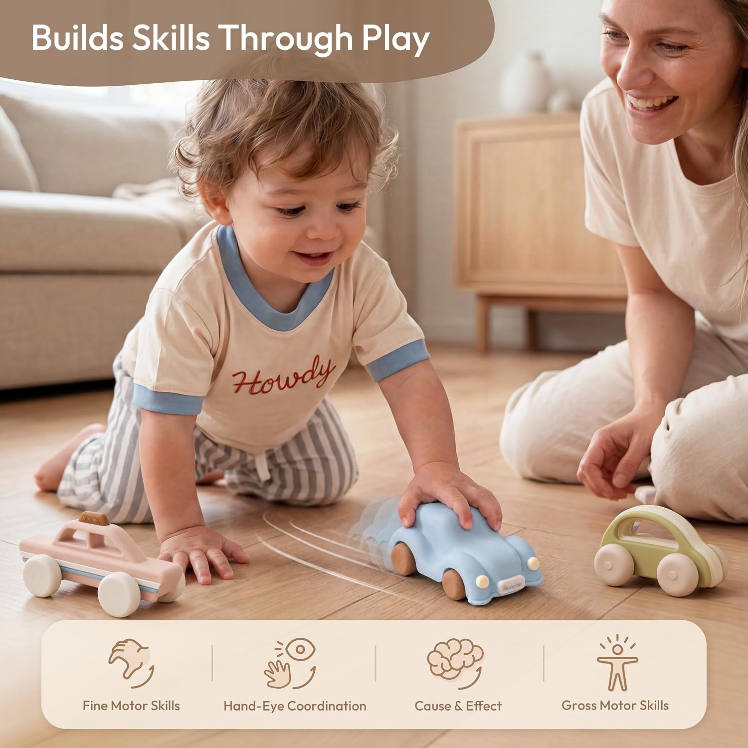 Detalle 2 de Moonkie Roll & Go Auto Spielzeug-Set (3er Pack) aus Silikon, BPA-frei – für Babys ab 6 Monaten