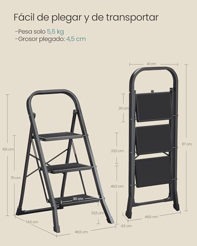 Detalle 2 de SONGMICS Escalera de Tijera de 3 Peldaños GSL003BZ01 – Seguridad, Compacidad y Versatilidad