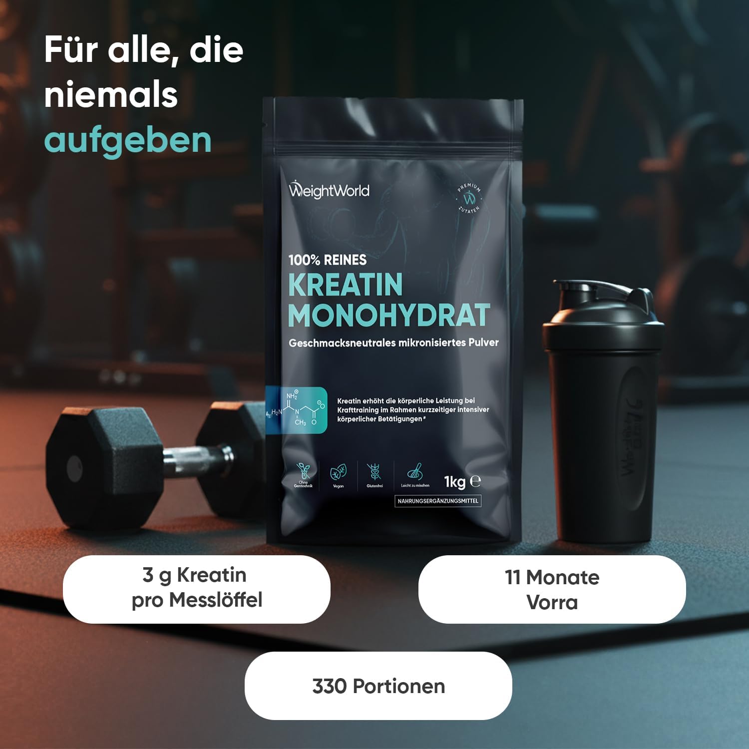 Detalle 2 de Creatin Monohydrat Pulver 1kg (WeightWorld) – mikronisiert, 330 Portionen, vegan, geschmacksneutral