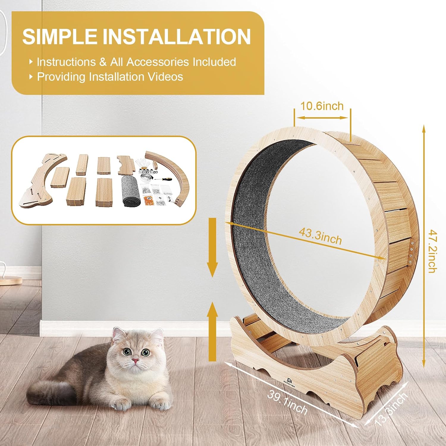 Thumbnail 5 de Naviconvex Cat Running Wheel XL, 46-Inch Wooden Exercise Wheel with Detachable Carpet