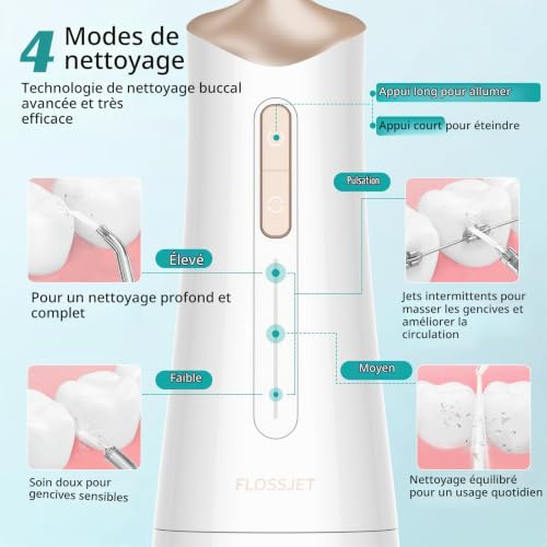 Detalle de FlossJet, hydropulseur dentaire sans fil à 4 modes, réservoir 300 ml et IPX7