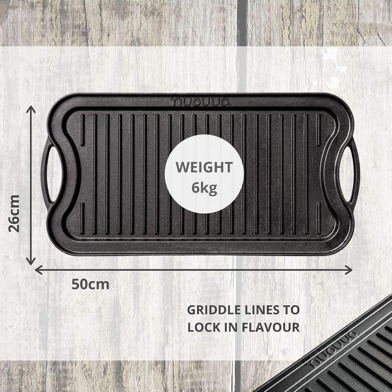 Detalle de Nuovva Cast Iron Griddle Pan for Gas Hob & BBQ – Double‑Sided, Pre‑Seasoned